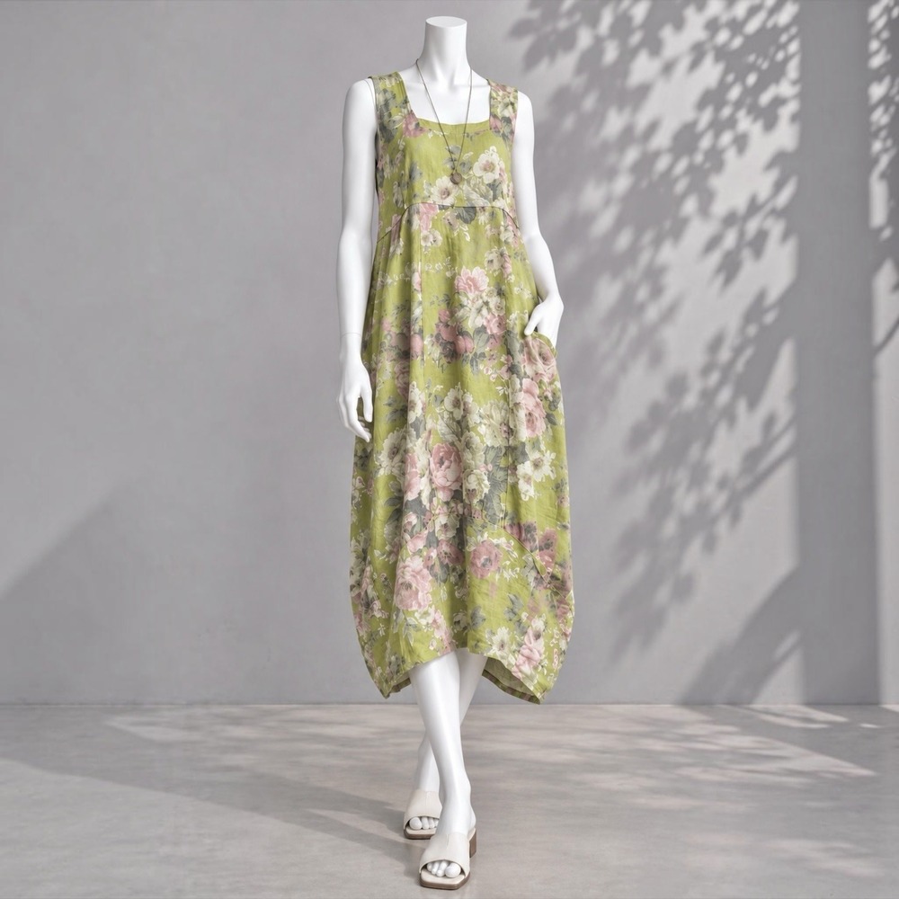 Made In Italy Linen Dress L Sage Green Floral Lagenlook Boho Art Wear Midi